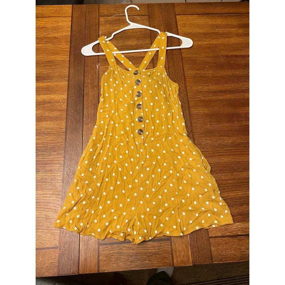 American Eagle Mustard Yellow Polka Dot Romper XS Button Front Cross Back Summer - Picture 9 of 11